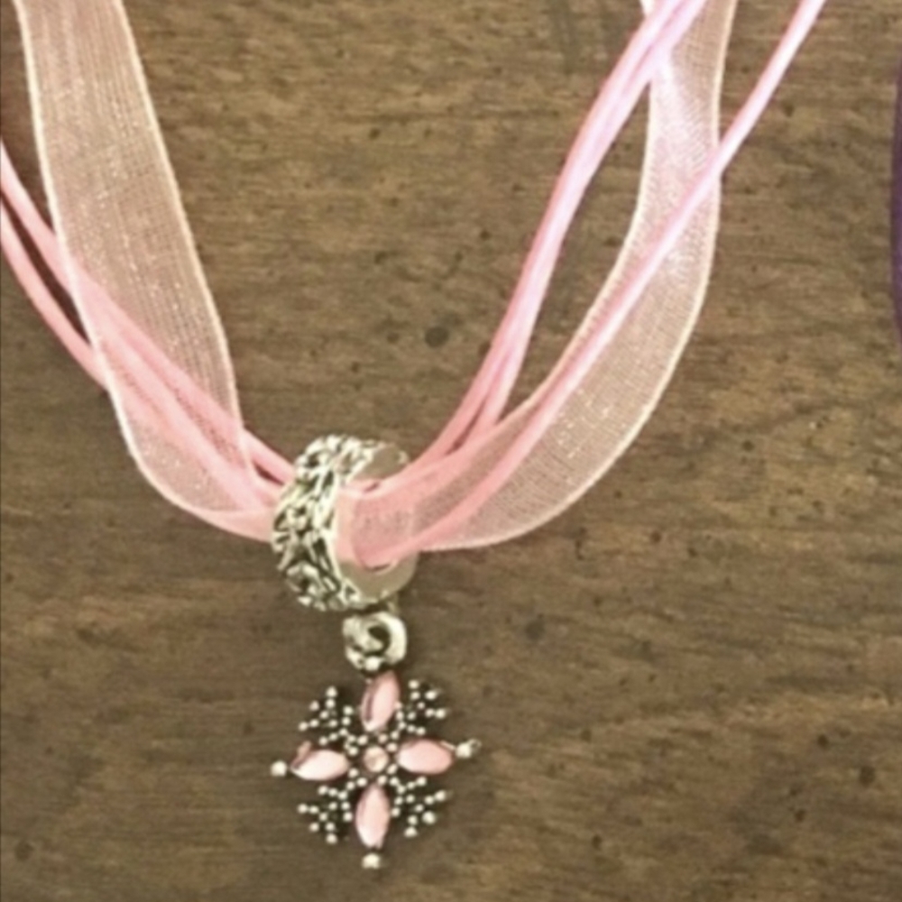Pink Snowflake Cross Star Pendant Ribbon Necklace Choker Organza - Picture 2 of 11